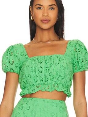 Lovers + Friends Green Eyelet Puff-Sleeve Crop Top